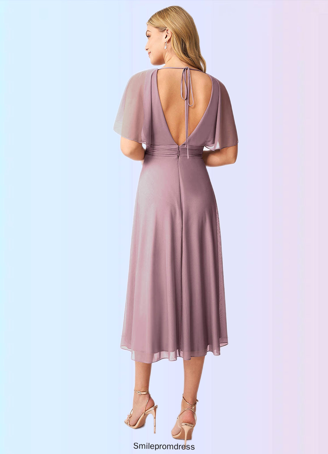 Lillian A-Line Pleated Mesh Tea-Length Dress P0019703