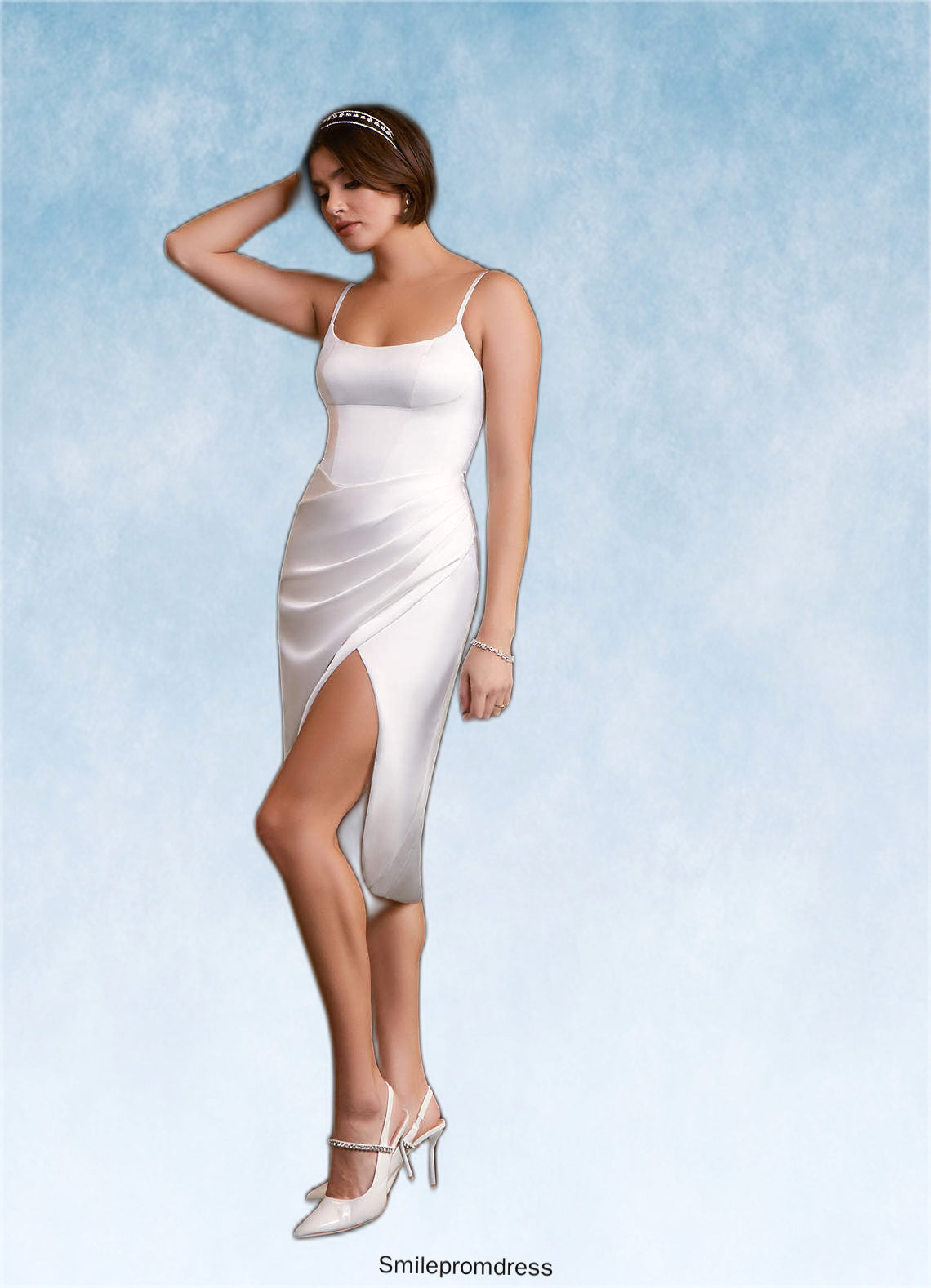 Aurora Sheath Pleated Stretch Satin Knee-Length Dress P0020088