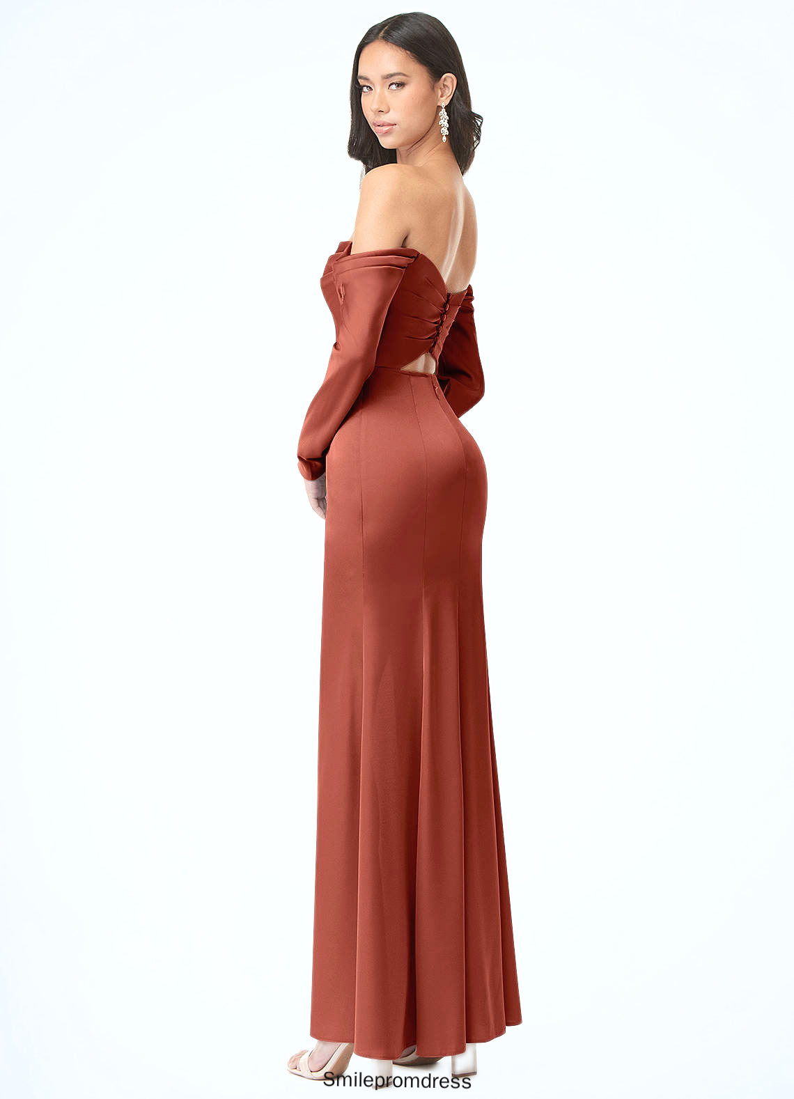 Dalia Sheath Long Sleeve Stretch Satin Floor-Length Dress P0019690