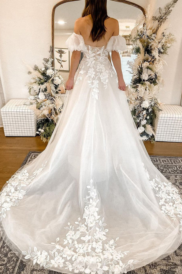 Fairy A Line Sweetheart Tulle Long Wedding Dresses with Lace