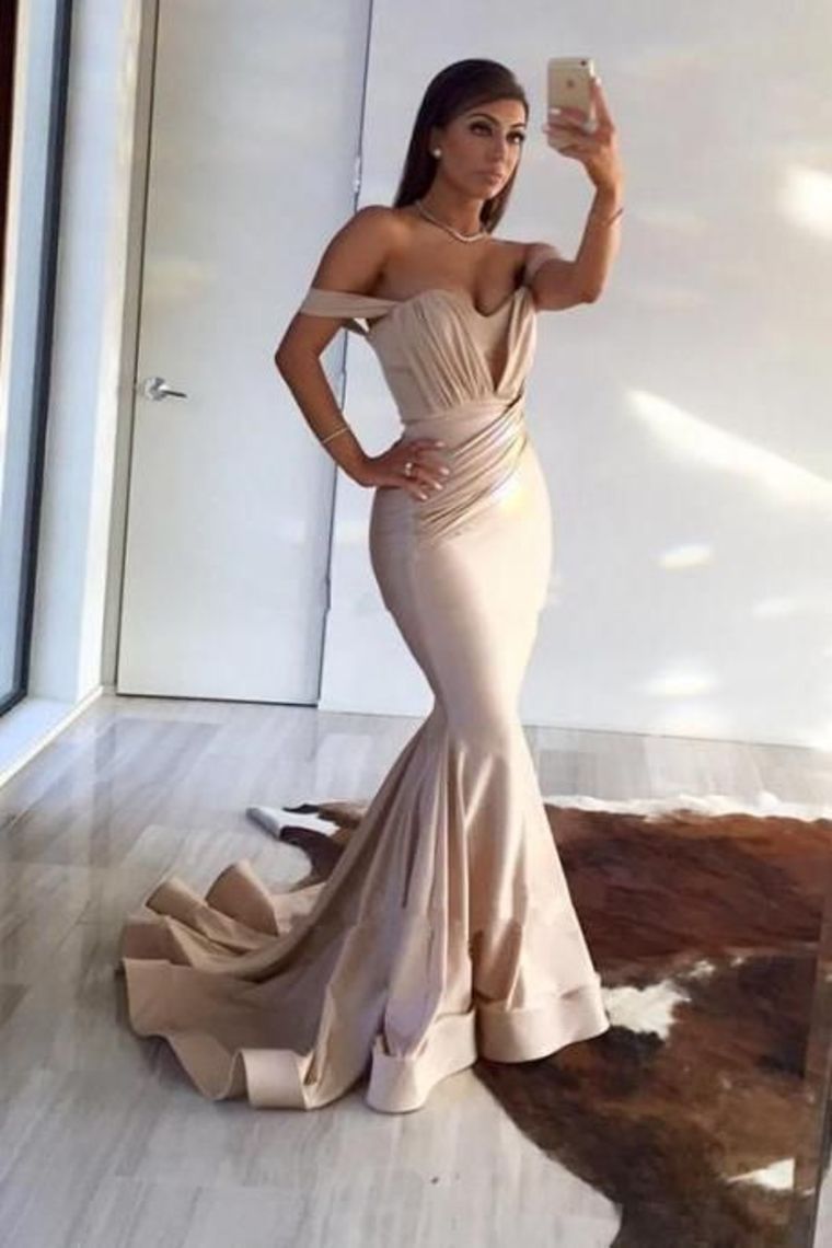 2021 Off The Shoulder Mermaid With Ruffles Evening Dresses  Sweep Train