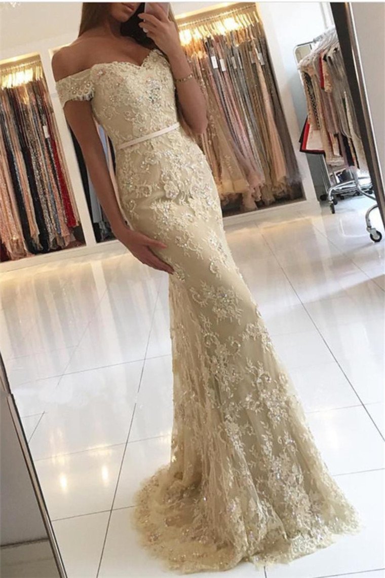 2021 Prom Dresses Off The Shoulder Lace With Beads And Sash Mermaid