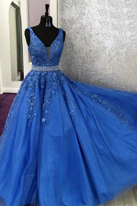 A-line V-neck Blue Appliques Long Prom Dresses With Beading