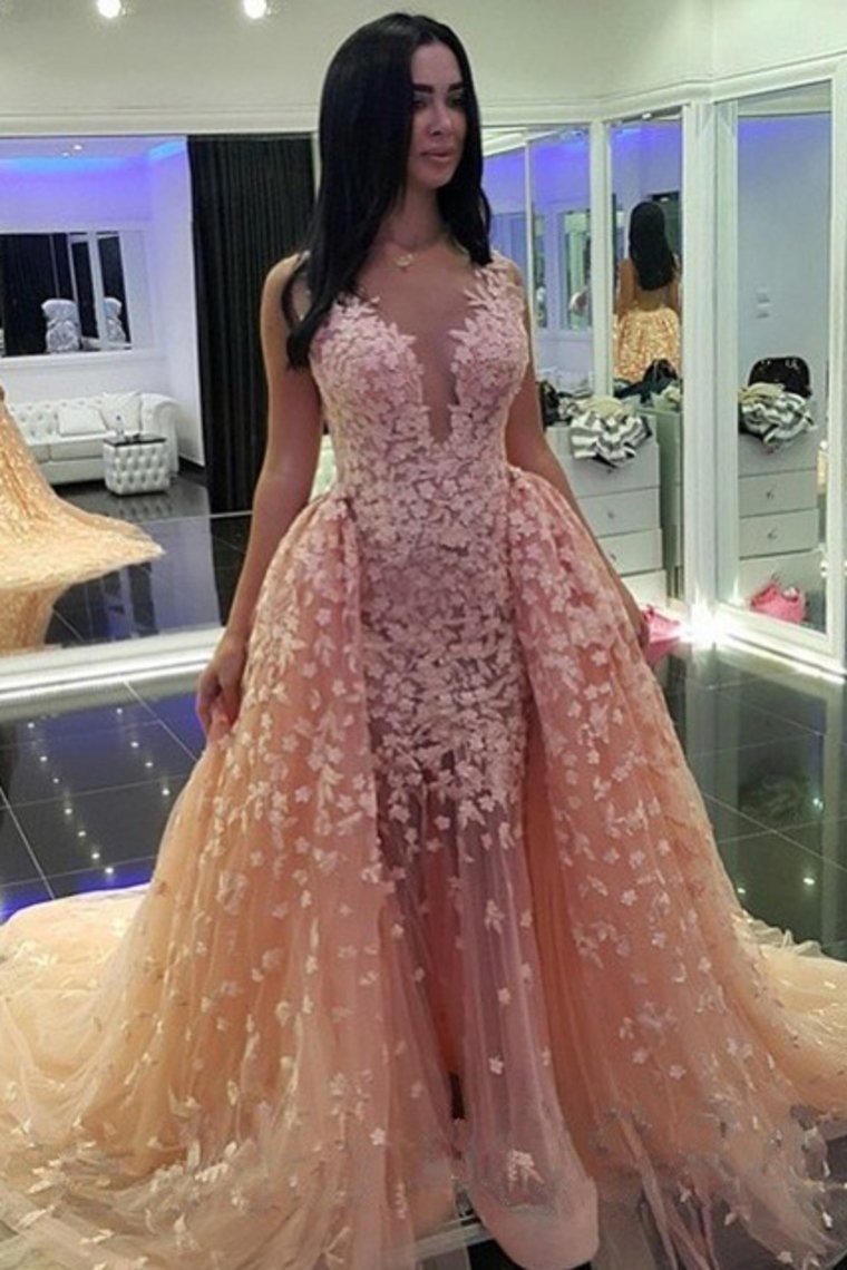 Tulle V Neck With Applique Prom Dresses Mermaid Court Train Detachable