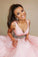 A-line V-neck Pink Long Prom Dresses With Waist Beading