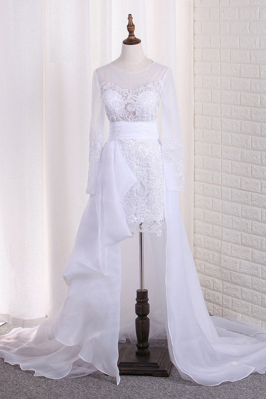 Scoop Long Sleeves Wedding Dresses Tulle & Organza With Applique Sweep Train Detachable