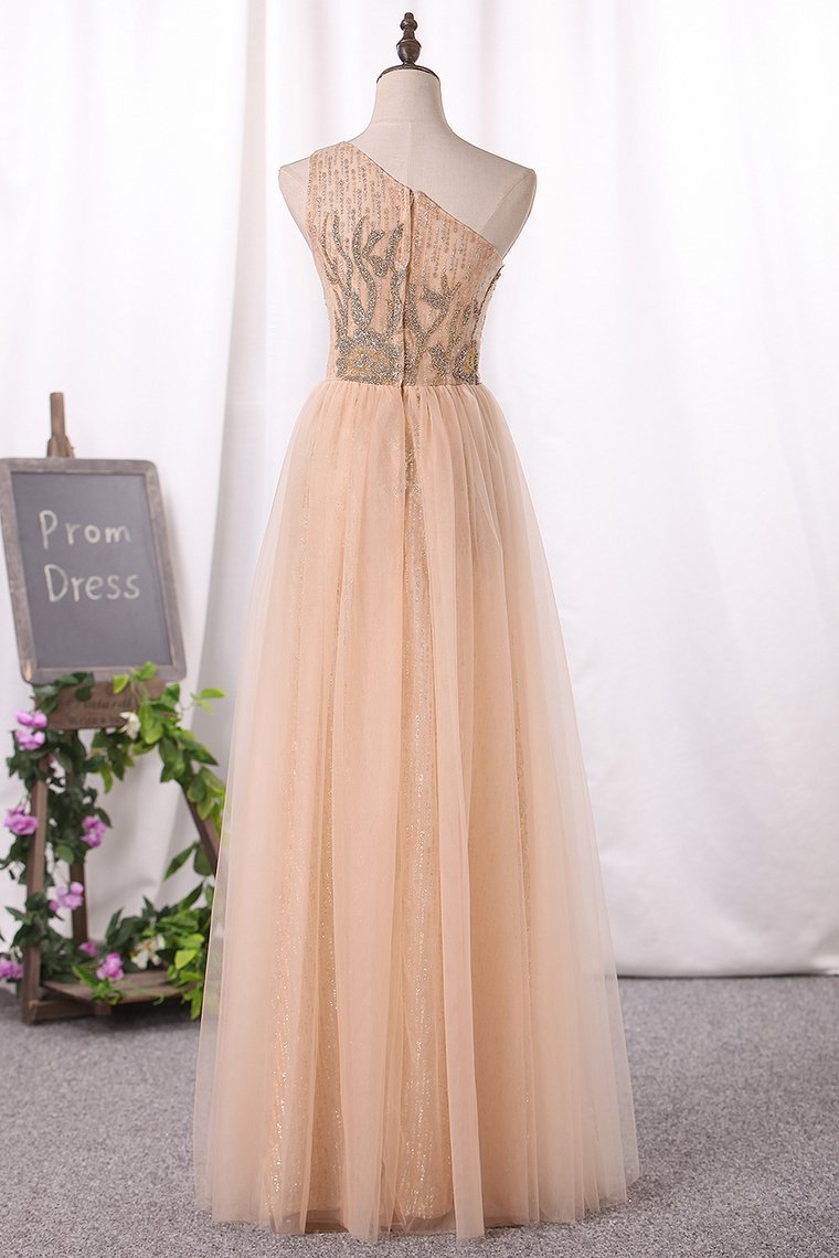 One Shoulder Tulle & Sequin With Slit Prom Dresses