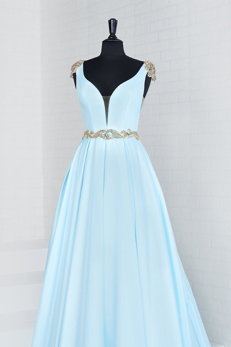New Arrival A Line V Neck Satin With Beads Prom Dress