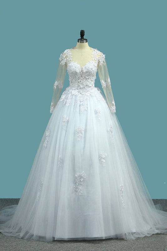 2021 A Line V Neck Long Sleeves Wedding Dresses Tulle With Applique