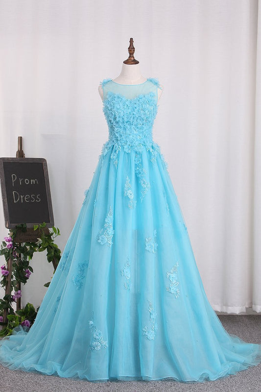 2021 A Line Prom Dresses Tulle Bateau With Applique And Handmade Flower Sweep Train