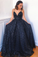 Navy Blue Lace Spaghetti Straps A-Line Long Prom Dresses Formal Evening Dresses