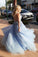 Sky Blue A Line Elegant Backless Floral Lace Long Prom Dresses