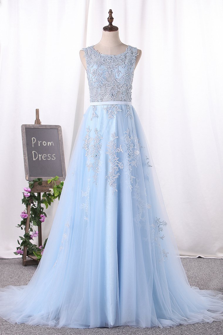 Scoop A Line Prom Dresses Tulle With Applique Sweep Train