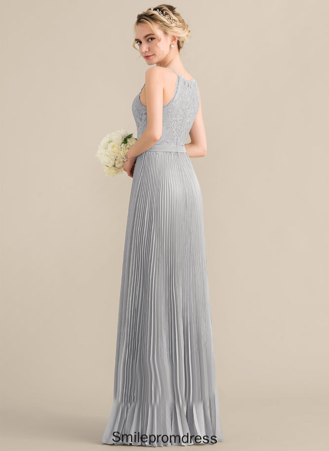 Scoop Fabric Length Floor-Length Pleated Silhouette A-Line Embellishment Neckline Sara Spaghetti Staps A-Line/Princess Bridesmaid Dresses