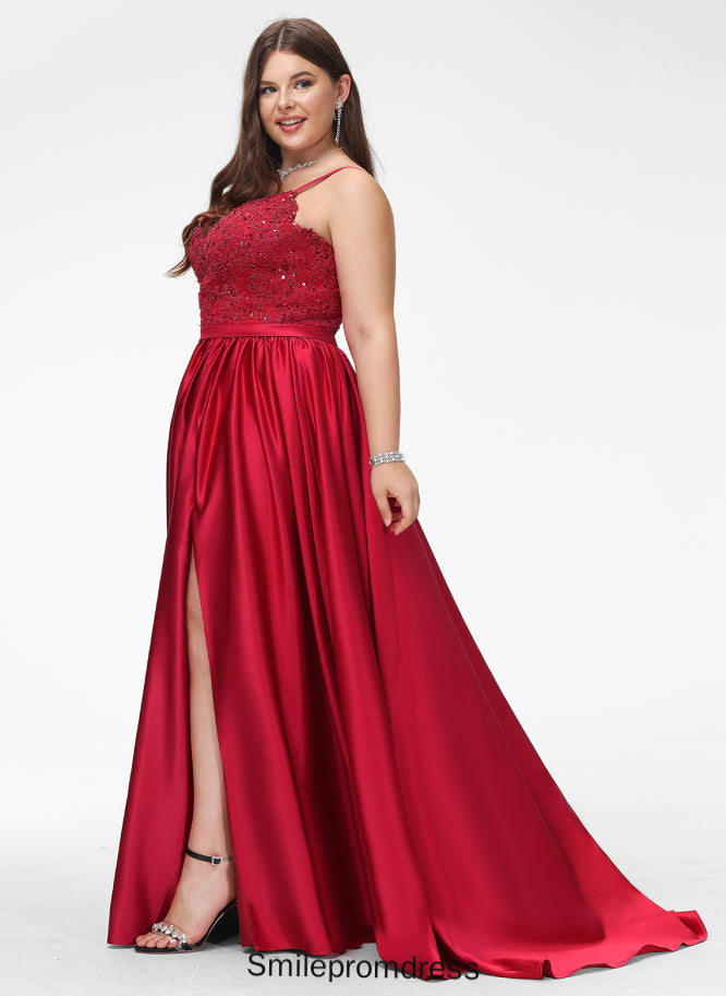 With Sequins Ball-Gown/Princess Train Lace Satin Beading V-neck Sweep Arabella Prom Dresses