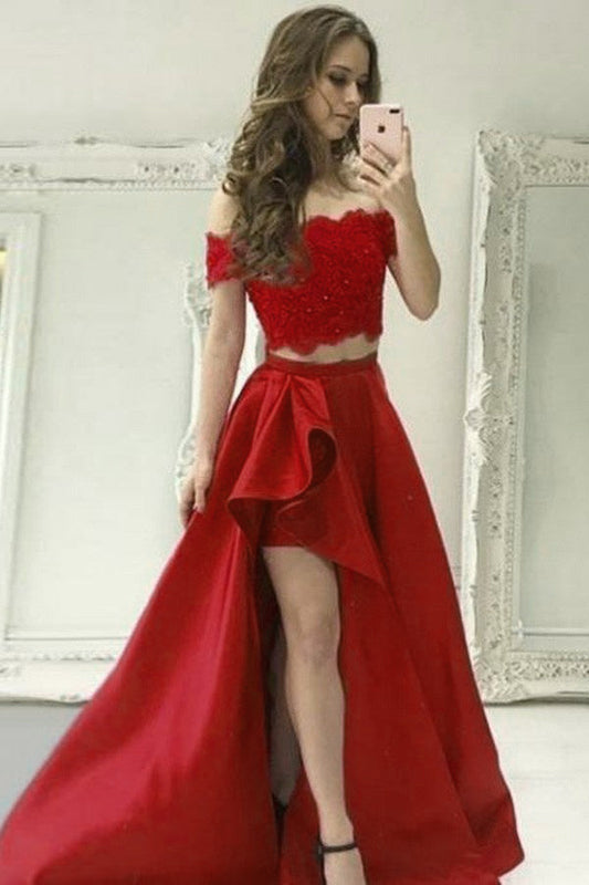 Two Piece High Low Off Shoulder Satin Lace Prom Dresses Evening Dresses