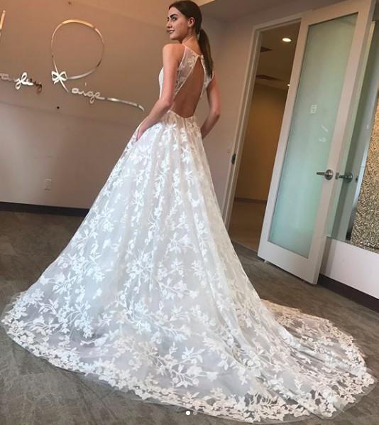 A Line Deep V Neck Lace Appliques Ball Gown Spaghetti Straps Wedding Dress with Pockets SSM727