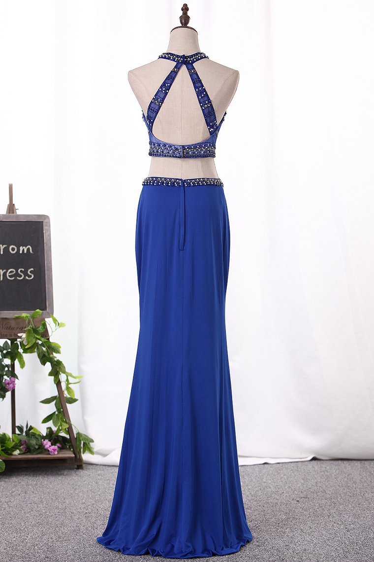 Mermaid Spandex Prom Dresses Two-Piece Scoop With Beading