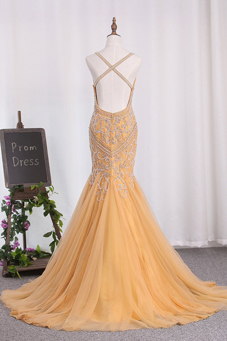 Sexy Open Back Spaghetti Straps Beaded Bodice Mermaid Tulle Prom Dresses