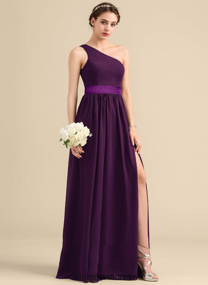 Fabric SplitFront Ruffle Floor-Length Embellishment Neckline One-Shoulder Silhouette A-Line Length Lorelei Bridesmaid Dresses