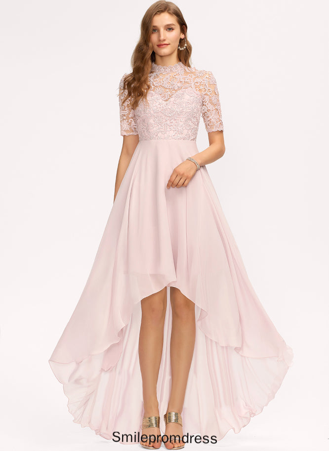 Fabric Straps HighNeck Silhouette Lace A-Line Neckline Length Asymmetrical Aimee Natural Waist Sleeveless Bridesmaid Dresses
