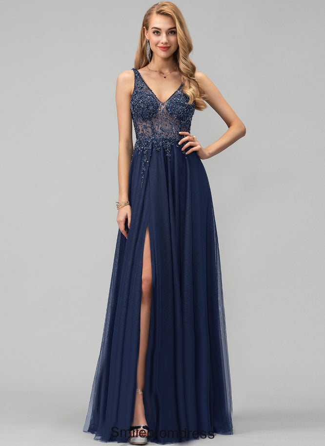 With Prom Dresses Anahi Tulle A-Line V-neck Floor-Length Sequins Beading