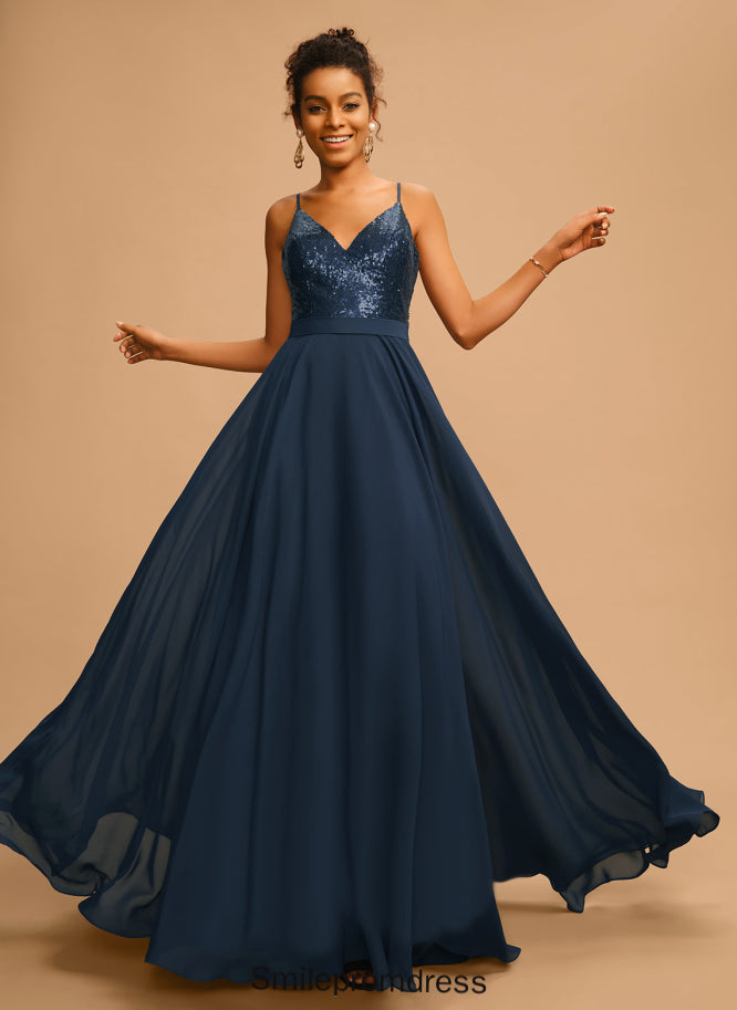 Sequins With Iris Floor-Length A-Line Prom Dresses V-neck Sequined Chiffon