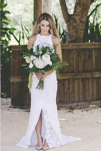 2022 Open Back Sleeveless Lace Halter Mermaid Slit Beach Wedding Dress White Bridals Dress JS323