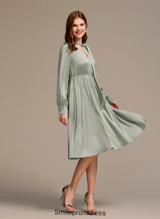 Bow(s) Dresses Sleeves Satin A-line Kyleigh Elegant Midi Club Dresses V-Neck Long