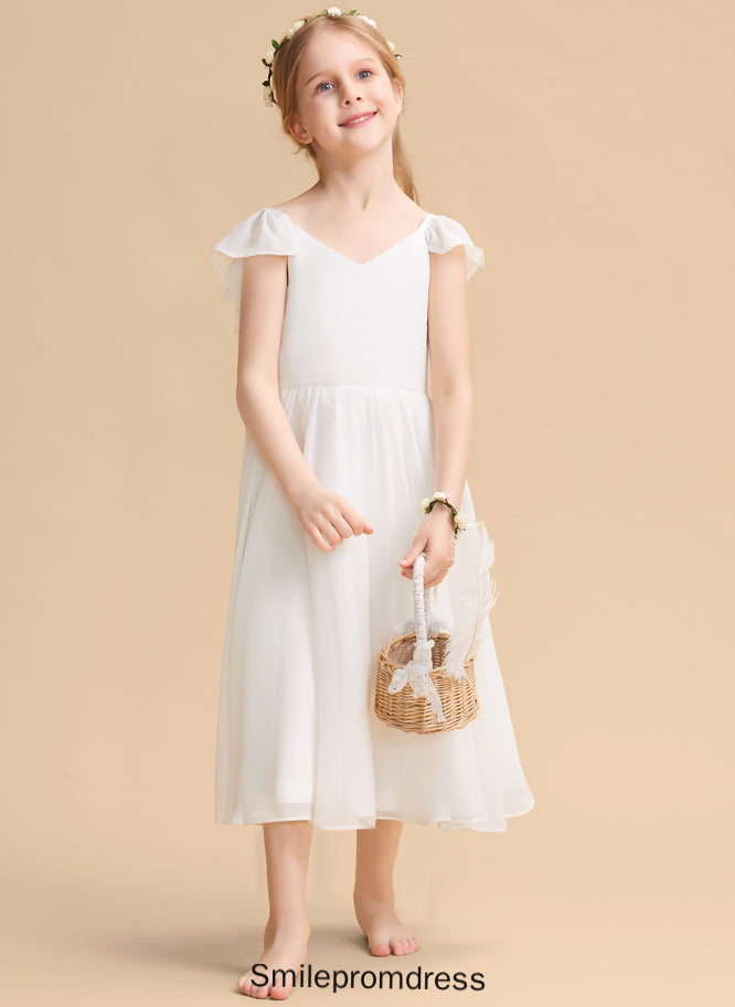 - Chiffon/Satin Tea-length Flower Girl V-neck A-Line Alani Sleeveless Flower Girl Dresses Dress