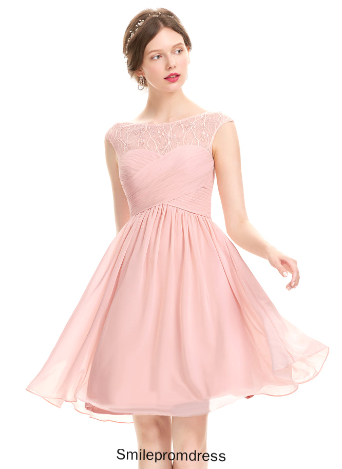 Beading Ruffle Scoop Pearl Tulle Prom Dresses Chiffon With Knee-Length A-Line