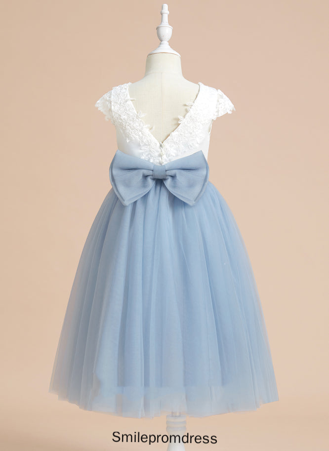- A-Line Girl Neck Justice With Dress Sleeveless Satin/Tulle Scoop Lace/Bow(s) Tea-length Flower Flower Girl Dresses
