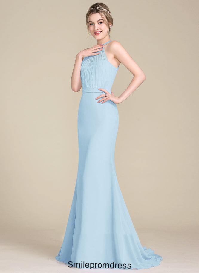 ScoopNeck Silhouette Fabric Trumpet/Mermaid Embellishment Neckline Ruffle Length SweepTrain Kay Bridesmaid Dresses