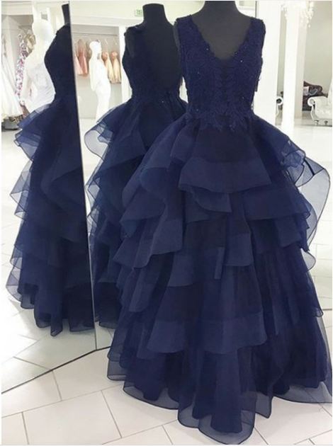 2021 Custom Made Navy Blue Appliques Beaded V-Neck High Quality Prom Dresses SM757