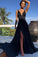 Black Simple A-line V-neck Chiffon Evening Dresses With Slit Long Prom Dresses