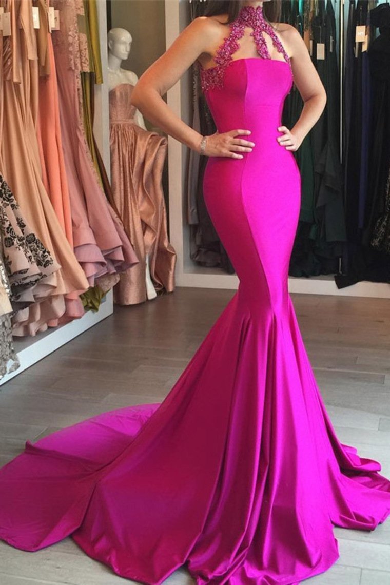 2021 New Arrival High Neck Satin With Applique Mermaid Sweep Train Prom Dresses