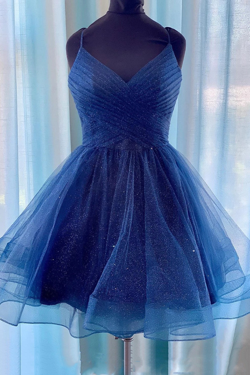 Sparkly A-line V-neck Short Prom Dresses Navy Blue Homecoming Dresses