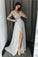 V Neck Long Sleeves Prom Dresses A Line With Applique And Slit