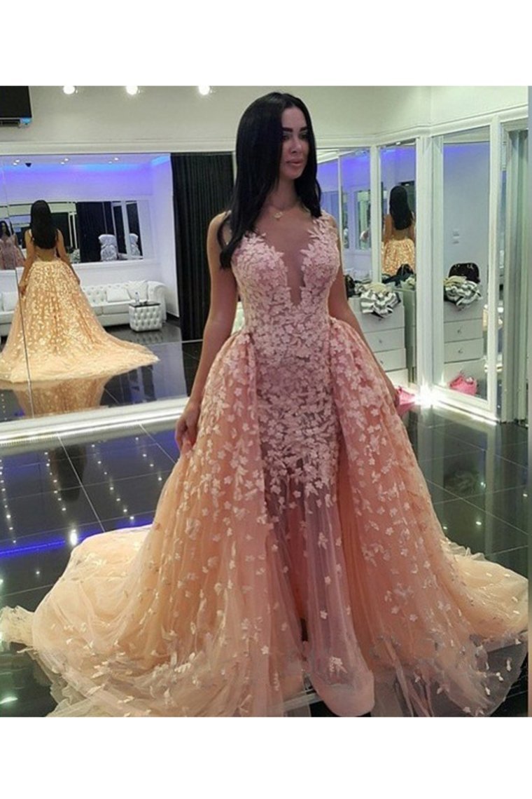 Tulle V Neck With Applique Prom Dresses Mermaid Court Train Detachable