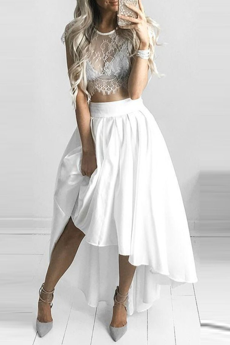 Two-Piece Scoop Prom Dresses A Line Satin & Lace Asymmetrical