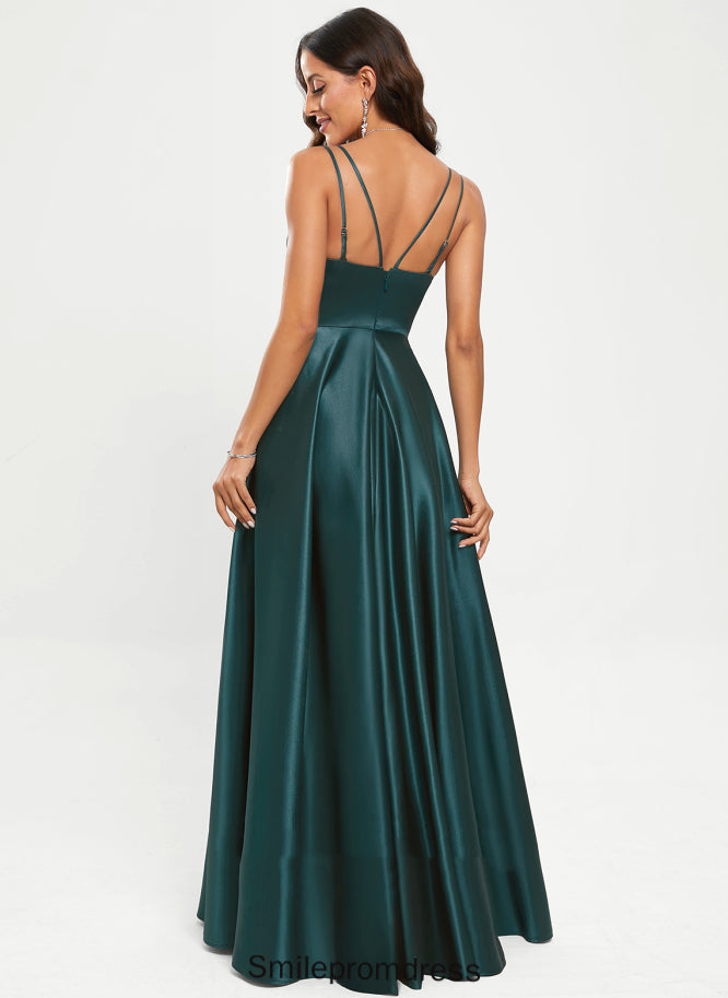 Satin V-neck Floor-Length Prom Dresses Pearl A-Line