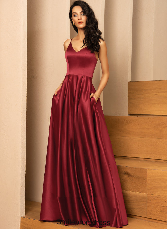 Floor-Length Fabric Satin V-neck Neckline Silhouette A-Line Straps&Sleeves Length Laila Floor Length Sleeveless Bridesmaid Dresses