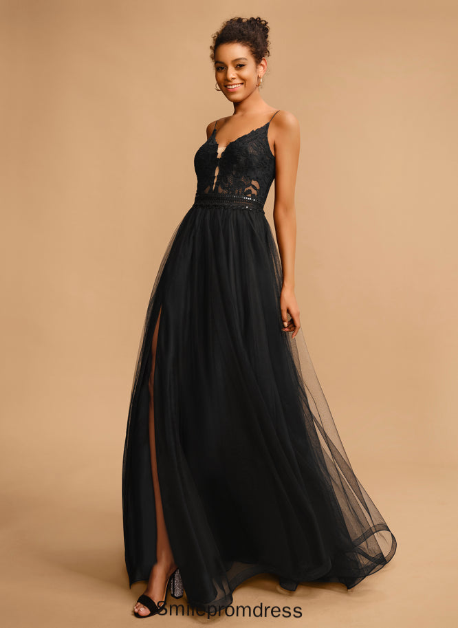 V-neck Ball-Gown/Princess Tulle With Prom Dresses Floor-Length Cassandra Sequins Lace
