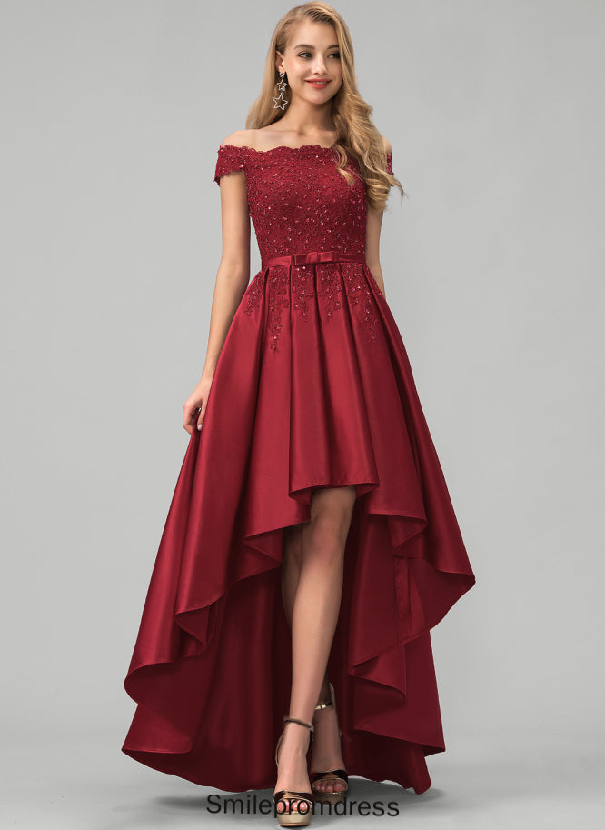Prom Dresses Bow(s) Asymmetrical Off-the-Shoulder Satin Maritza With Sequins Beading Ball-Gown/Princess