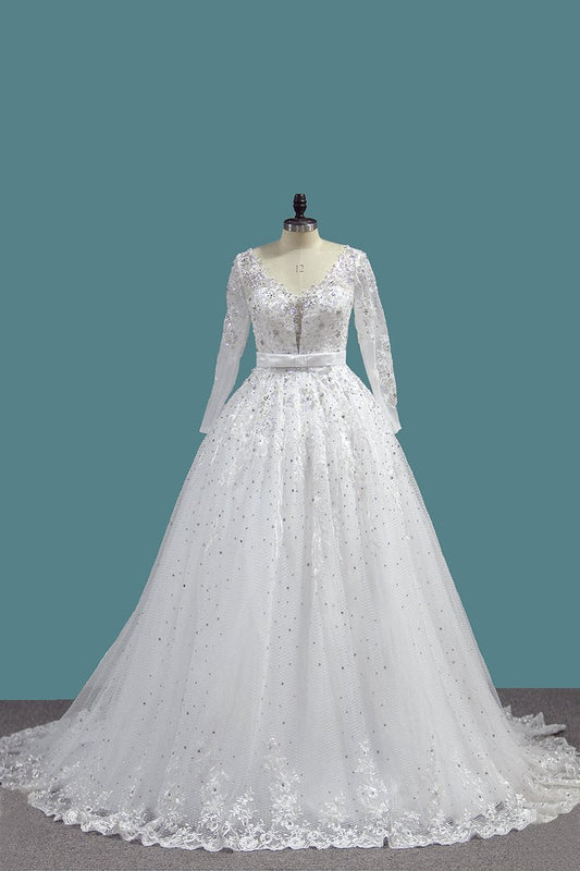 2021 A Line Long Sleeves Tulle Wedding Dresses With Applique And Sash
