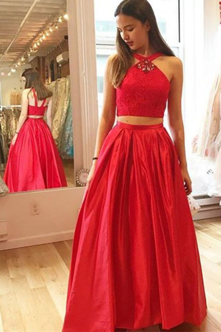 Prom Dresses Straps Two-Piece Satin & Lace With Beads A Line