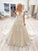 Champagne Sleeveless V Neck Lace A Line Prom Dresses