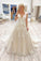 Champagne Sleeveless V Neck Lace A Line Prom Dresses