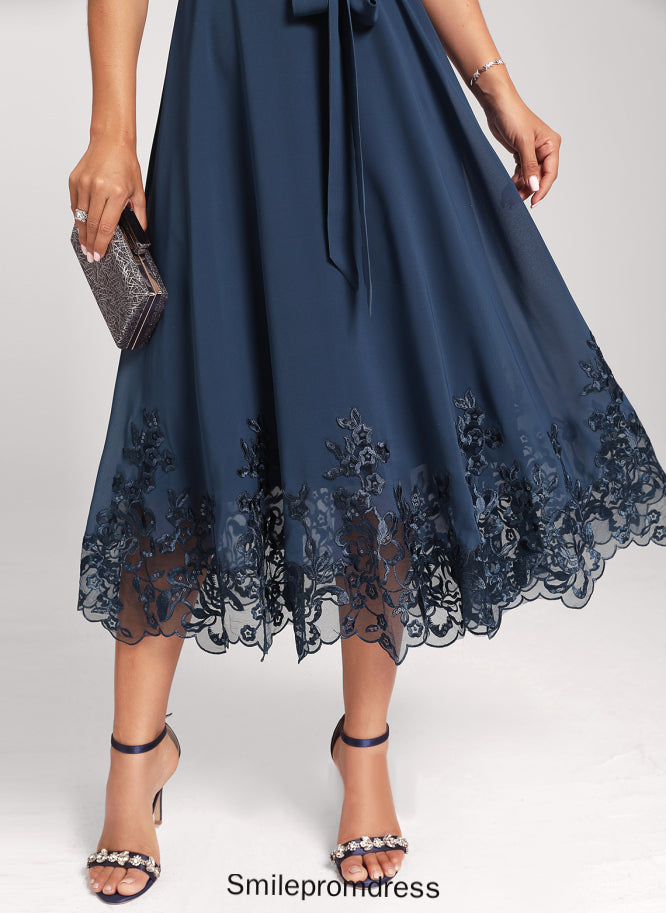 Sequins Savanah Tea-Length Cocktail Lace With A-Line Club Dresses Chiffon Dress V-neck