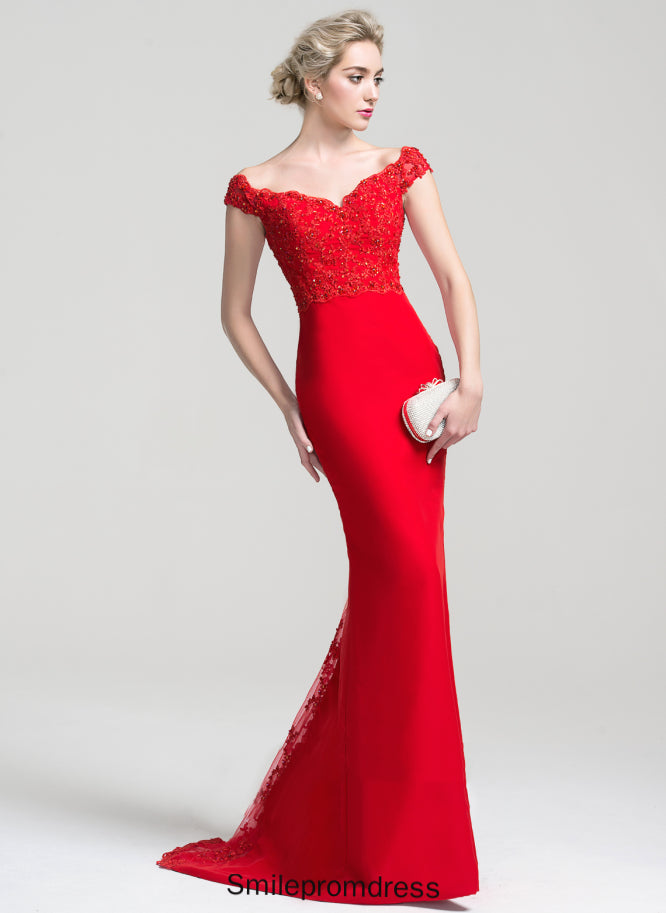 Emmy Trumpet/Mermaid Tulle Lace Off-the-Shoulder Prom Dresses Sequins With Train Sweep Chiffon Beading